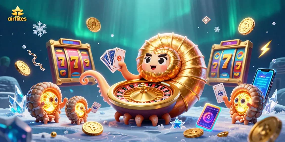 Engage with slots, crypto, and jackpots at airflites in this vibrant casino scene illustration.
