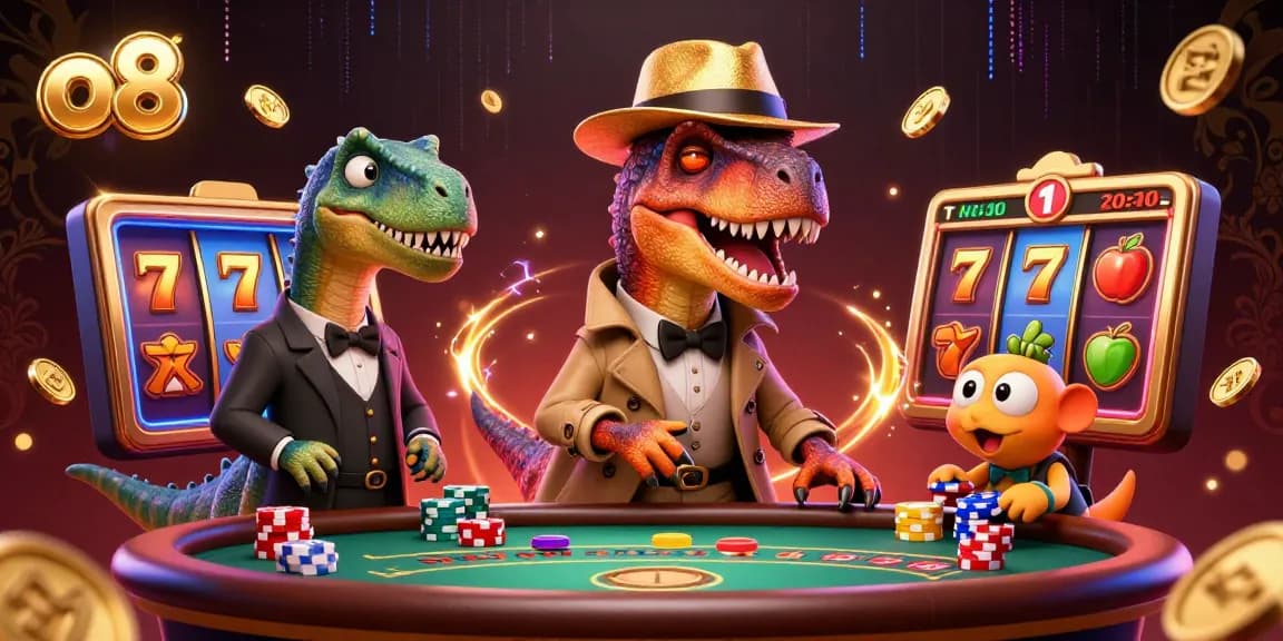 O8 enhances gameplay with a vibrant casino scene featuring a velociraptor and stegosaurus at a blackjack table.