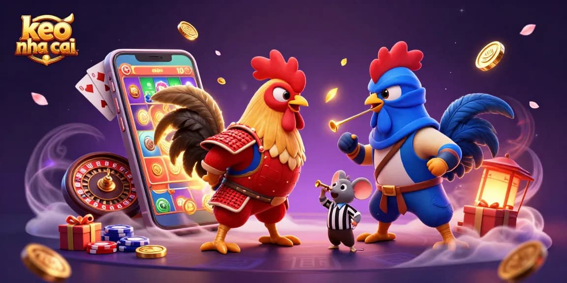 Engage in thrilling matches with keo nha cai, featuring samurai and ninja roosters amidst vibrant casino elements.