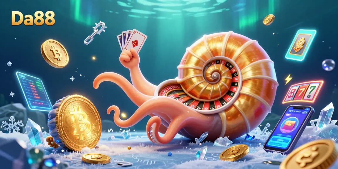 Engage with Da88's vibrant casino scene featuring a giant nautilus roulette wheel among glowing crypto elements.