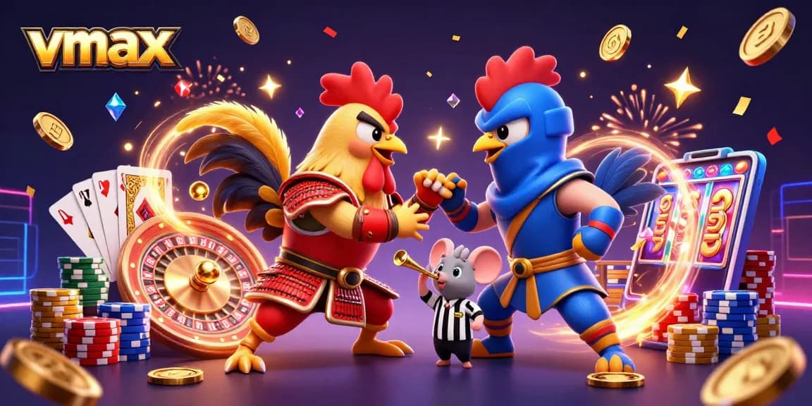 Vmax showcases a dynamic showdown of colorful cartoon roosters, celebrating casino excitement with coins and cards.