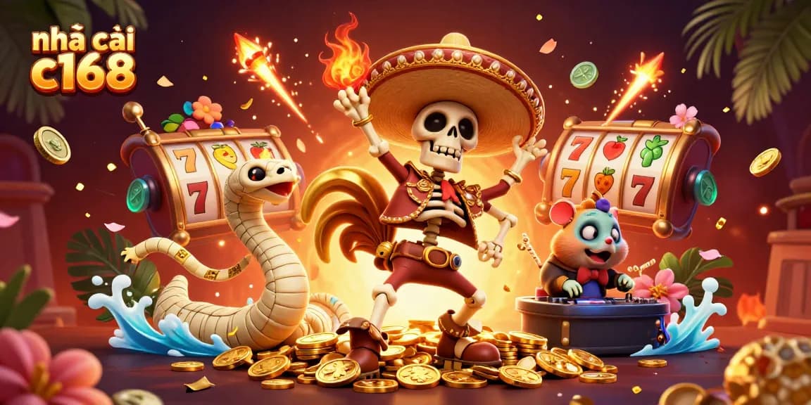 Experience exciting wins at nhà cái c168 with vibrant slot games and dynamic characters in a lively casino scene.