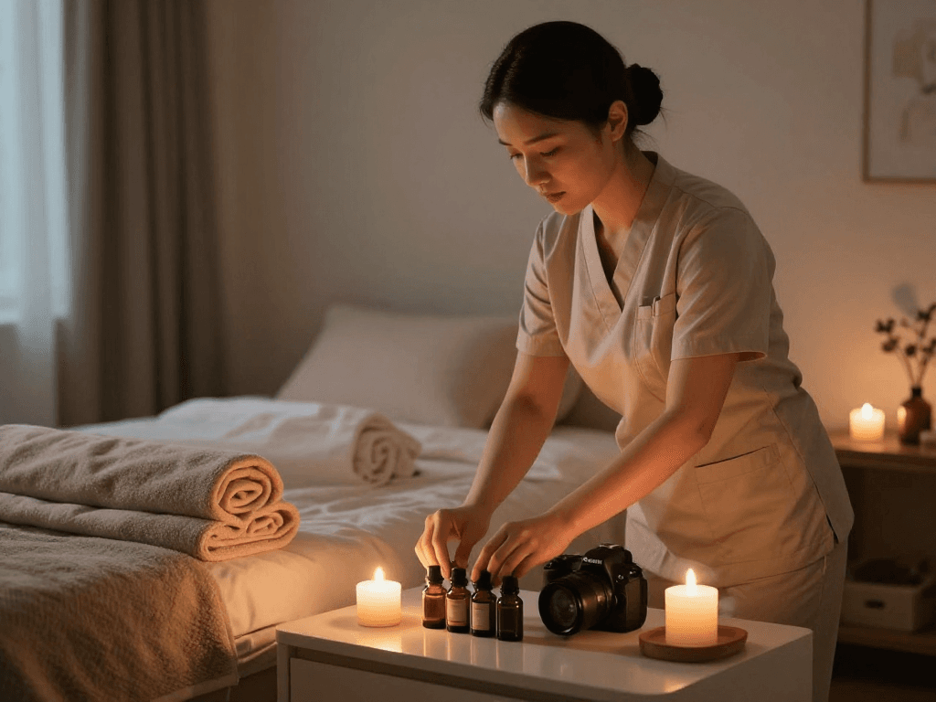 Experience rejuvenating 광명출장마사지 in a serene home environment, with a professional therapist preparing soothing oils in a calming bedroom setting.