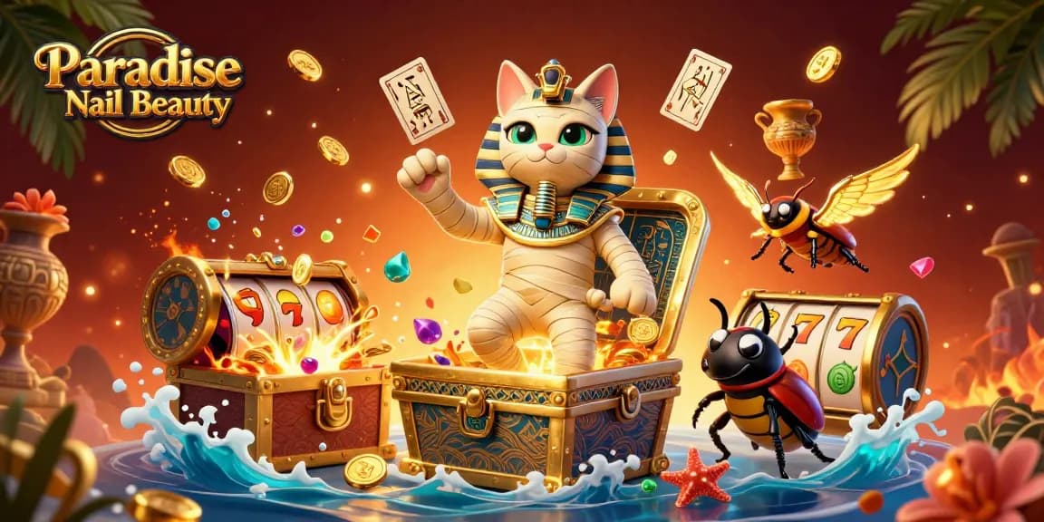 Experience thrilling wins with Paradise Nail Beauty in an exciting 3D casino scene featuring vibrant characters and slot games.