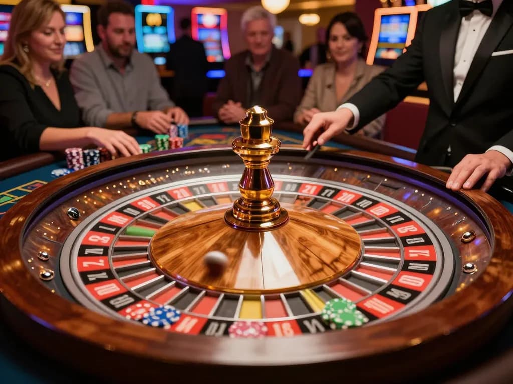 Sunwin players engaging at a lively roulette table, showcasing strategic bets amidst vibrant casino ambiance.