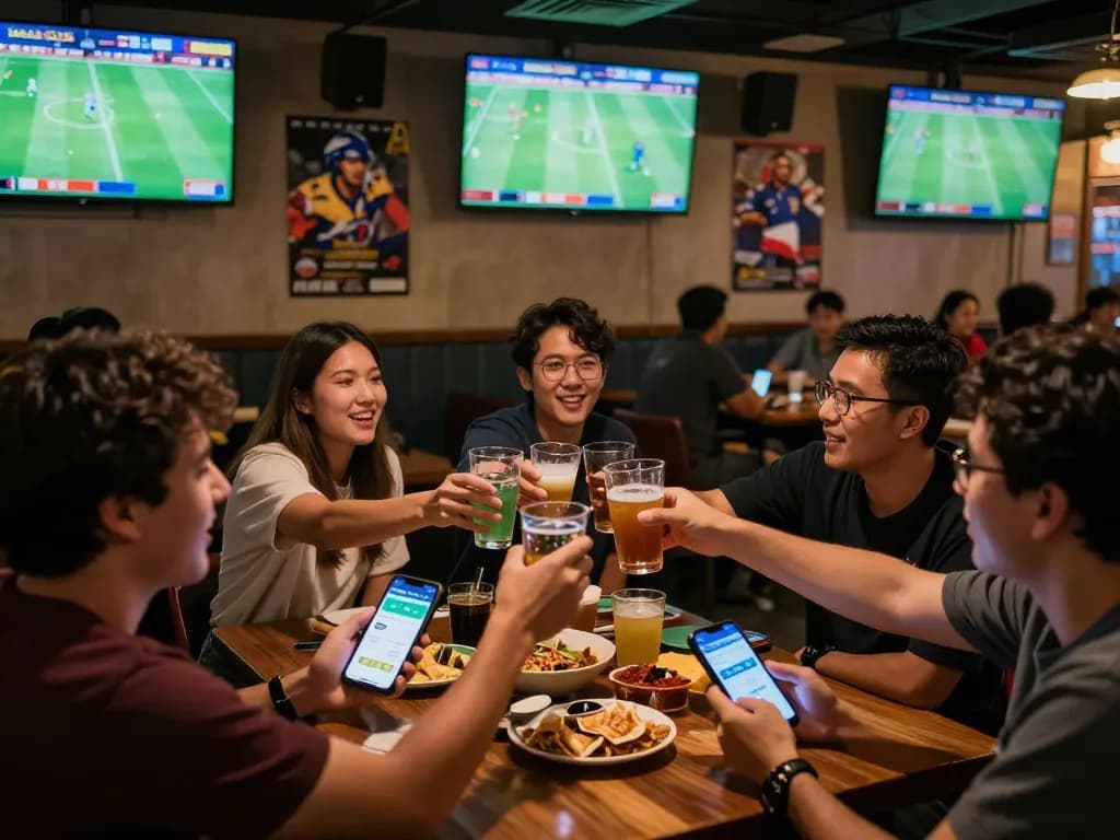 A dynamic sports bar scene depicting fans reviewing the keo nha cai hom nay app while cheering for their favorite team.