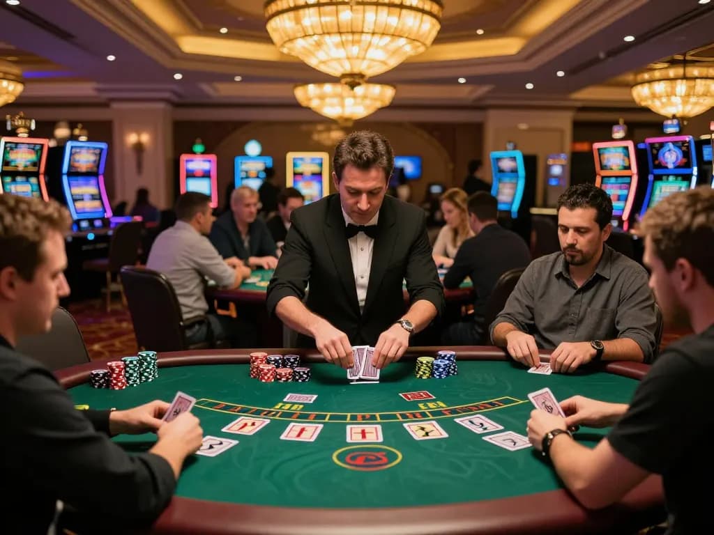 A player enjoying blackjack at a vibrant casino, showcasing nhacaiuytinn excitement in gambling.
