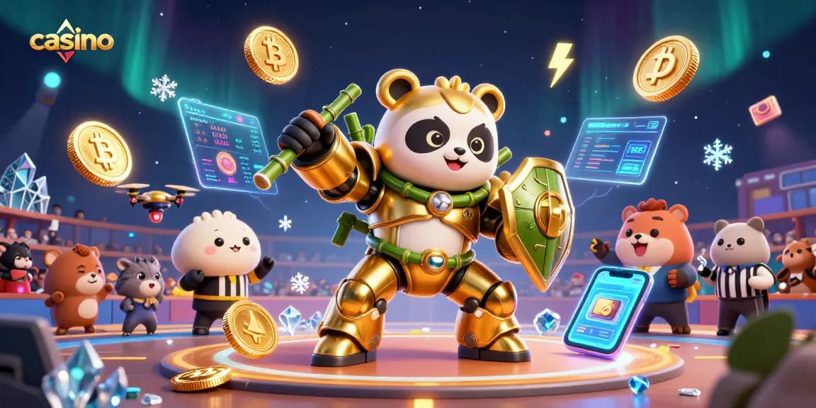 Experience the excitement of the casino with a vibrant 3D scene featuring a mech-suit panda and crypto elements.
