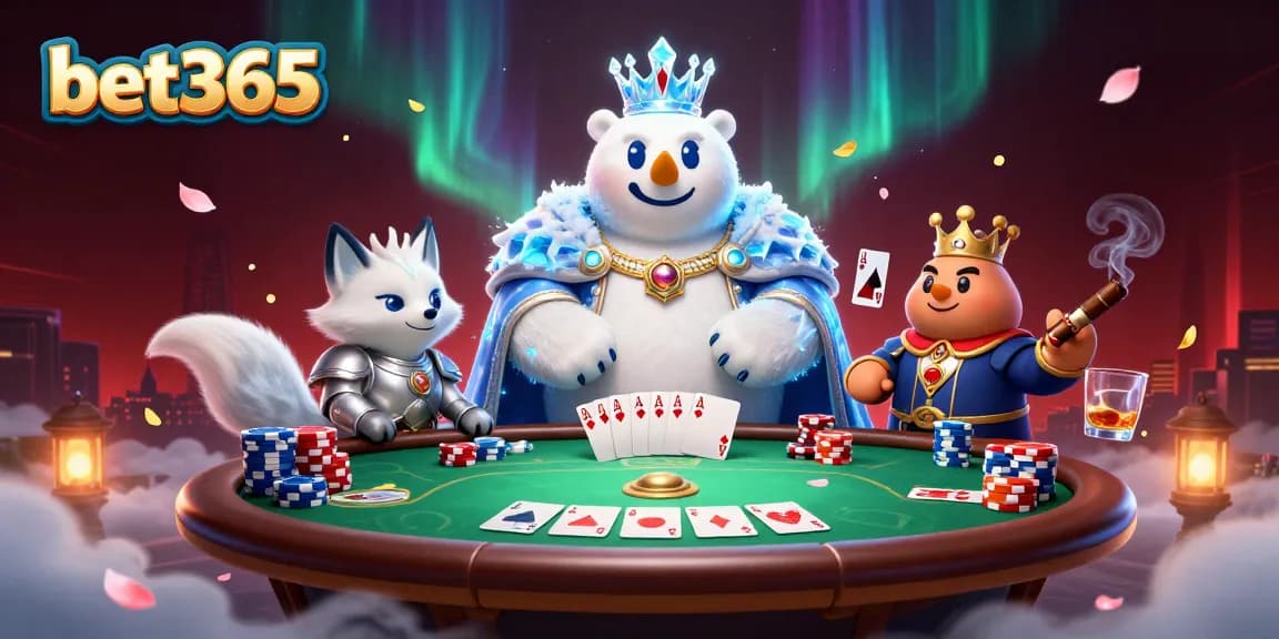 Experience exciting poker games with bet365 featuring a polar bear and a fox in a rich casino scene.