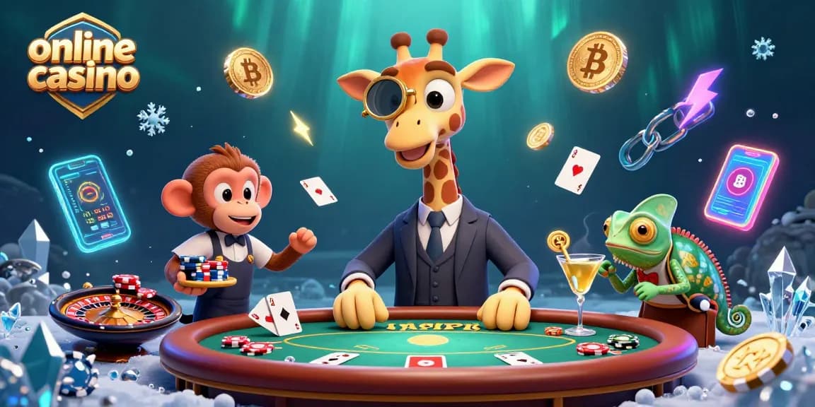 Experience thrilling action at an online casino with a high-roller giraffe, poker elements, and digital currencies.
