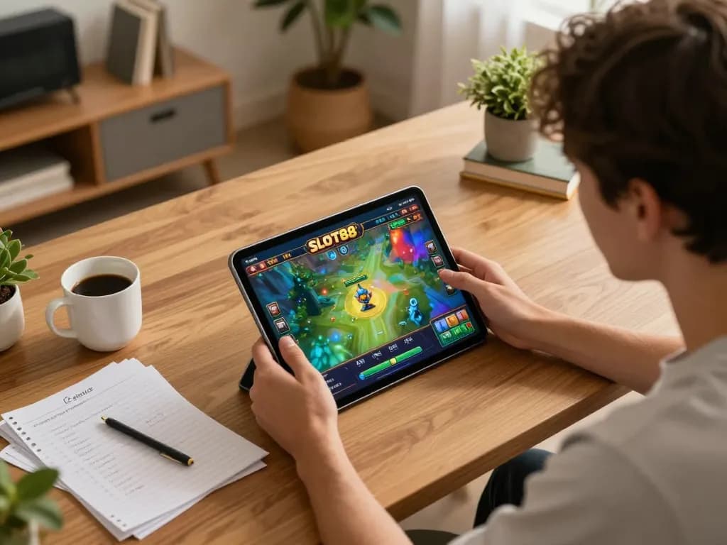 SLOT88 online gaming session showing engaging interface and strategy notes in cozy home setting