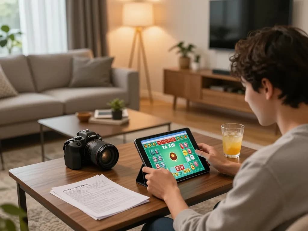 Tài Xỉu online gameplay at home, person engaged on tablet with betting notes nearby on taixiuonlinego.