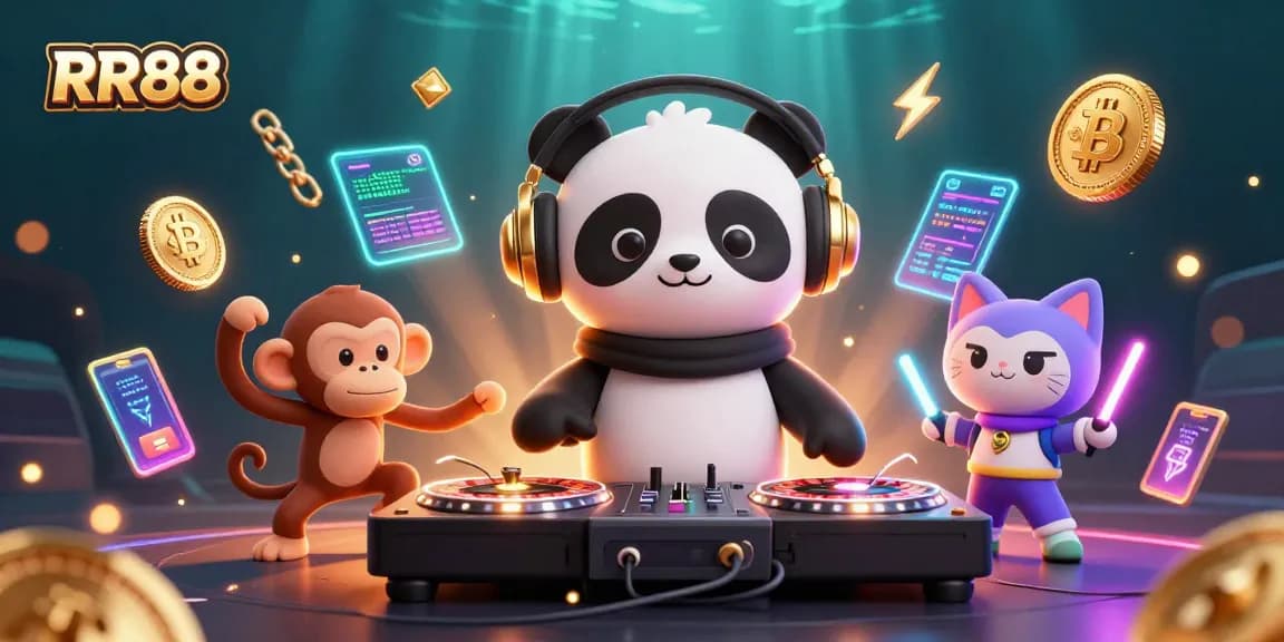 Engage with RR88 while the DJ panda spins tunes on roulette wheel turntables, surrounded by crypto elements.