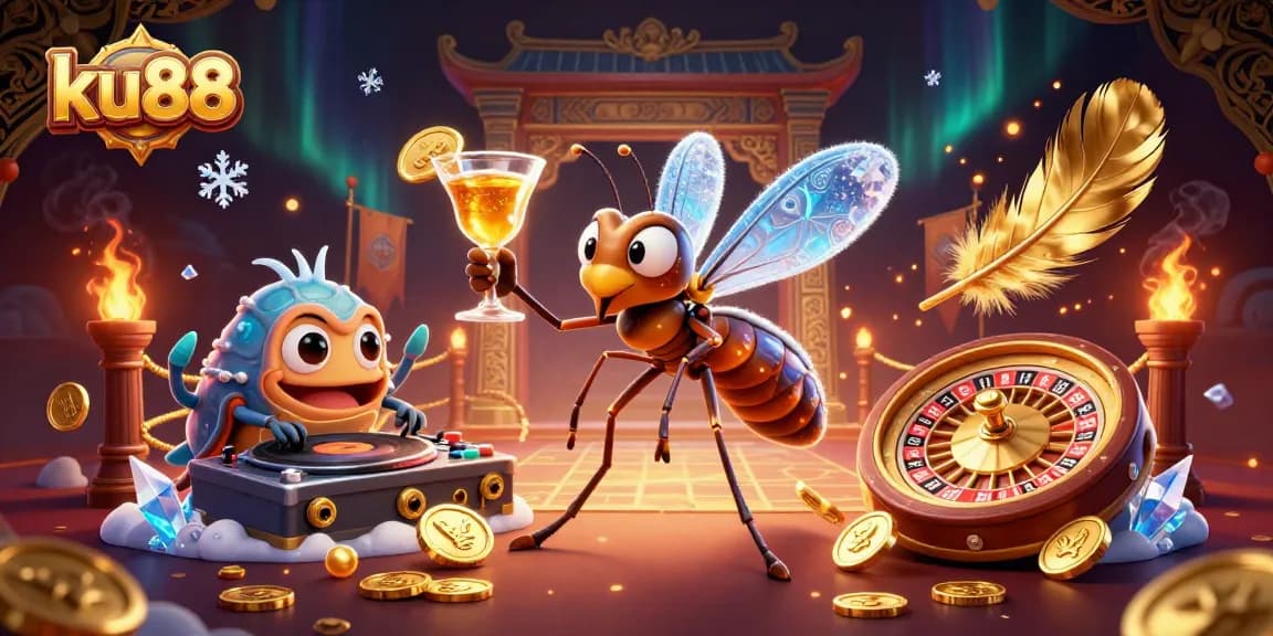 Experience a thrilling moment in the ku88 casino with a playful frozen mosquito mascot and animated game elements.