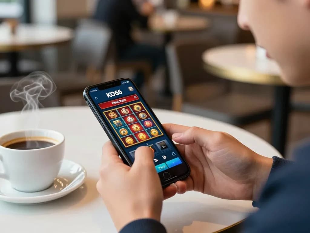 Người chơi tận hưởng ứng dụng casino di động KO66, tham gia vào các trò chơi slot thú vị tại bàn cà phê.