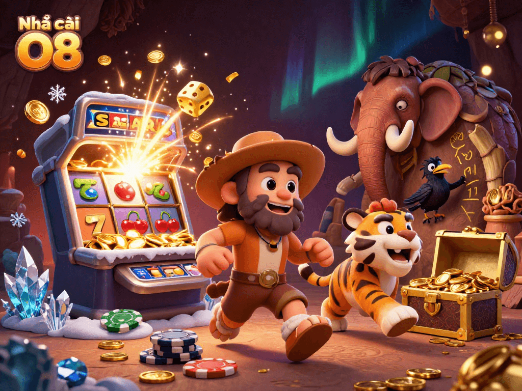Experience gaming thrills at Nhà cái O8 with dynamic illustrations of slots, jackpots, and casino excitement.