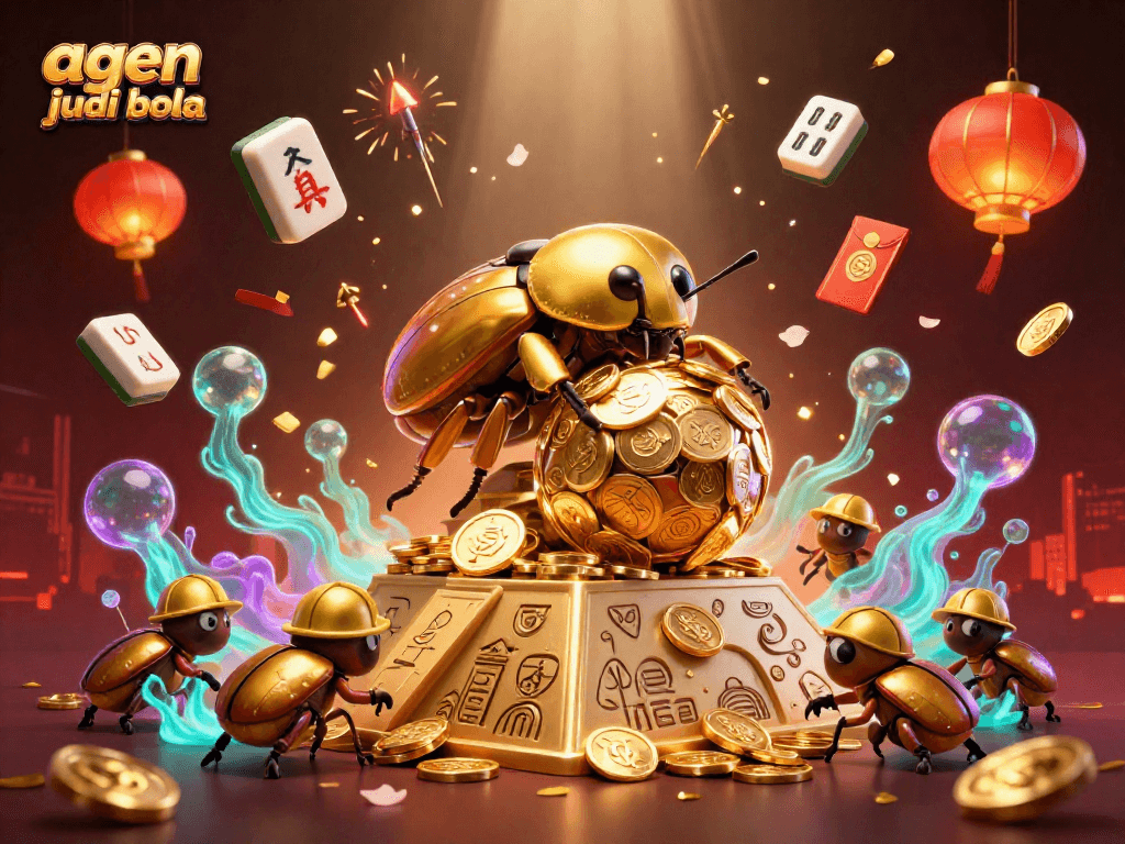 Bet on exciting agen judi bola with 3D cartoon beetles celebrating casino wins in a vibrant, immersive scene.