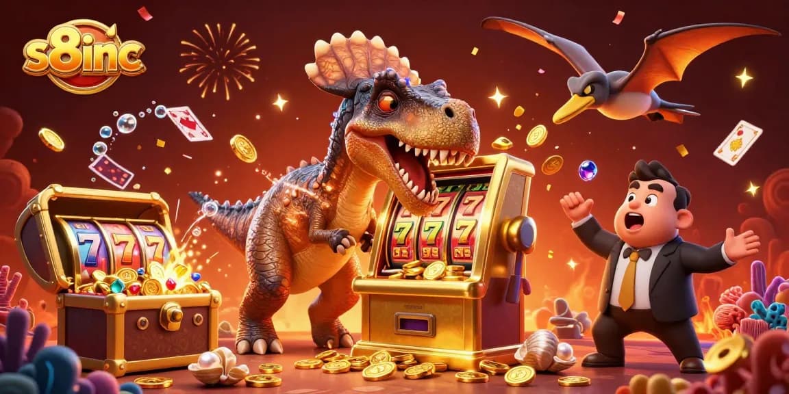 s8inc showcases a jubilant casino scene with a dinosaur celebrating jackpot wins amidst colorful gambling elements