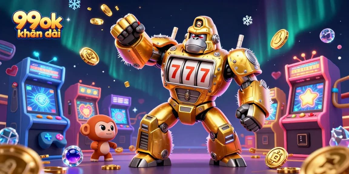 Engage with the exciting 99ok khuyến mãi slot game illustration featuring a golden gorilla mech and vibrant game elements.