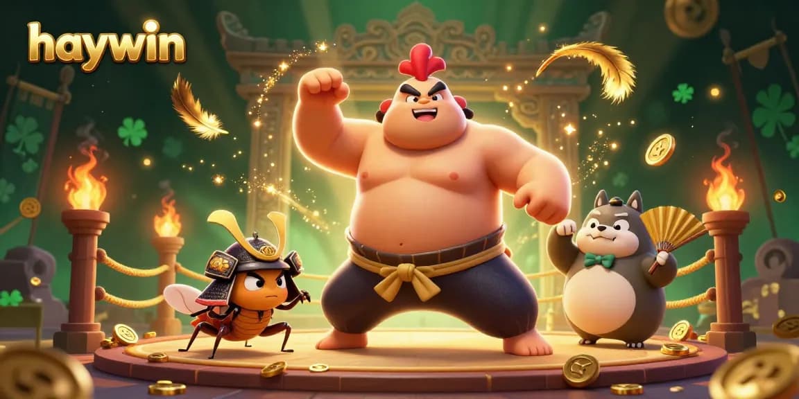 Experience thrilling gaming action at haywin with a fierce sumo rooster, samurai cricket, and tanuki announcer in a vibrant arena setting.