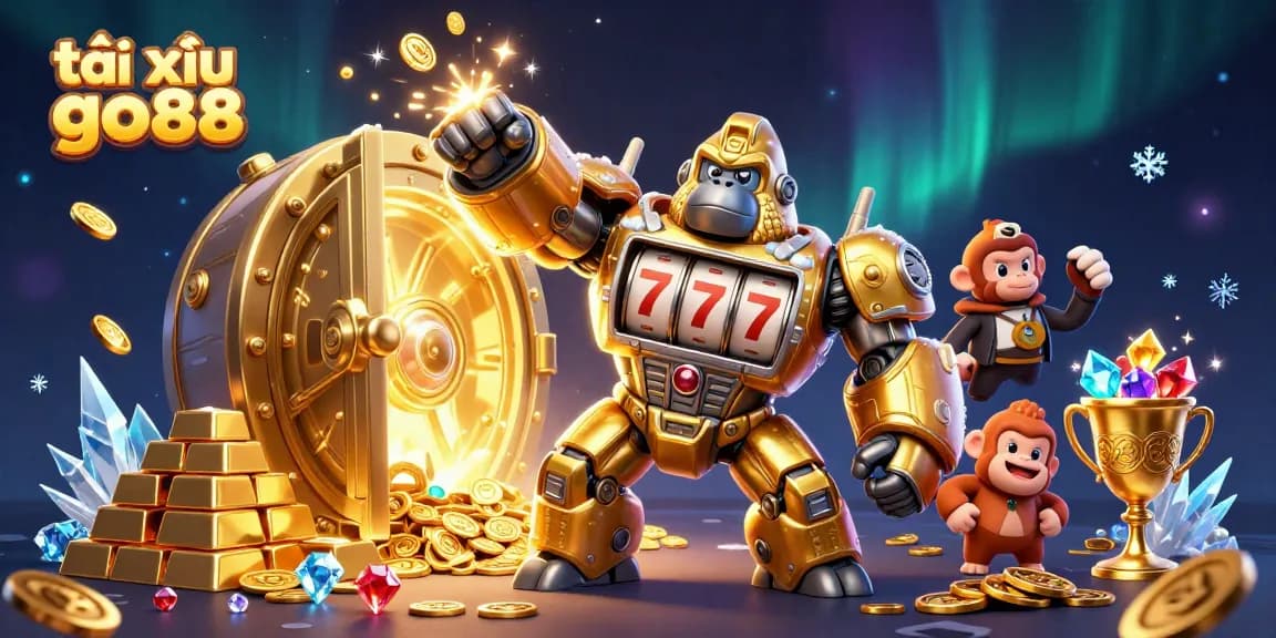 Tài xỉu go88 showcases an energetic scene with a golden gorilla mech spinning slot reels amidst treasure and gems.