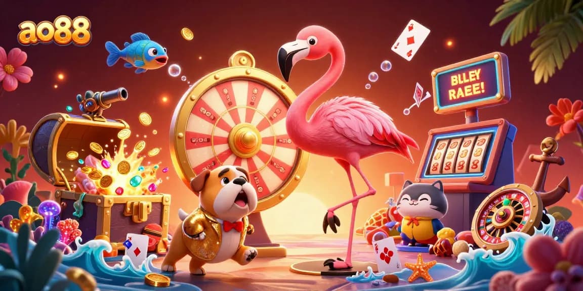 Hit big with ao88's exciting casino action featuring a game show host, bulldog contestant, and scoreboard assistant.