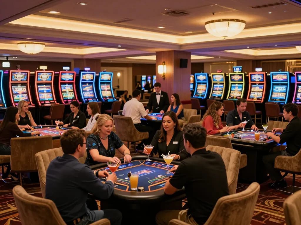 rokok88 players enjoying the lively atmosphere of a stylish casino lounge with vibrant slot machines.