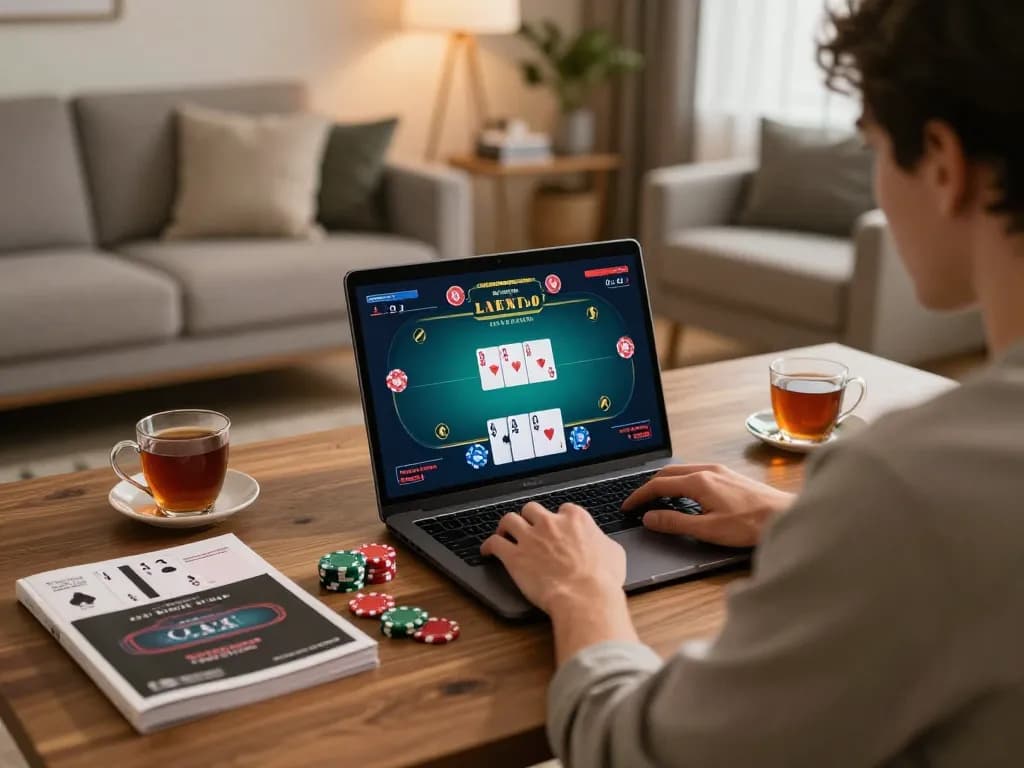 Player engages in online poker at home using 789winn, showcasing strategy and fun in a cozy environment.
