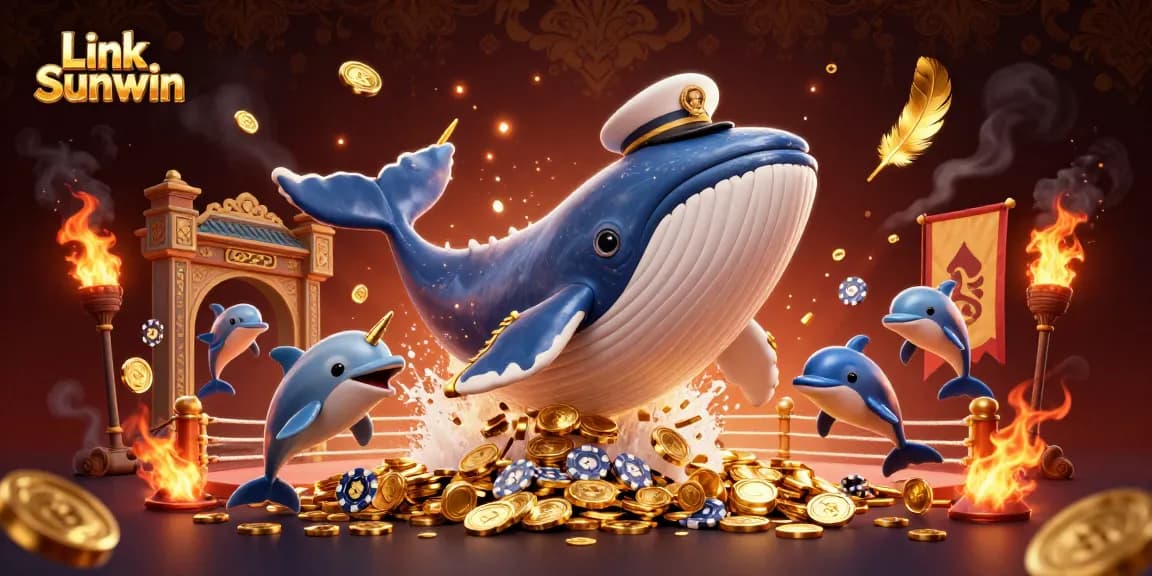 Link Sunwin showcases a vibrant 3D scene with a whale, narwhal, and dolphins amid casino elements.