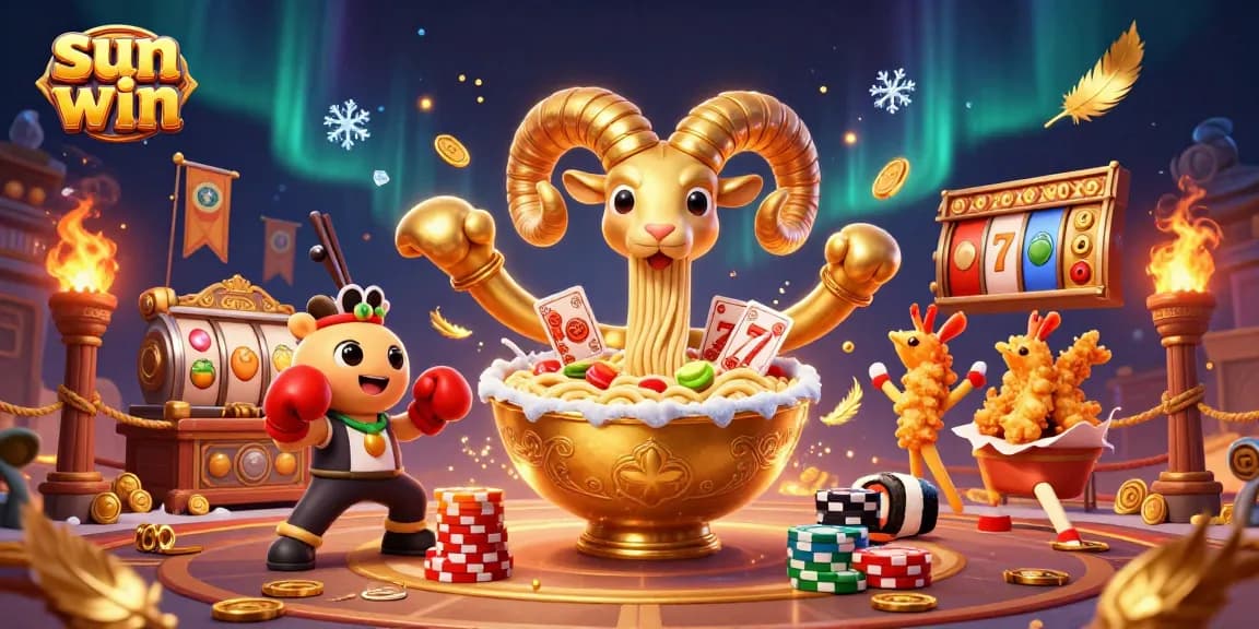 Engage with sun win gameplay featuring a cartoon ramen bowl dealer amidst dynamic casino elements.