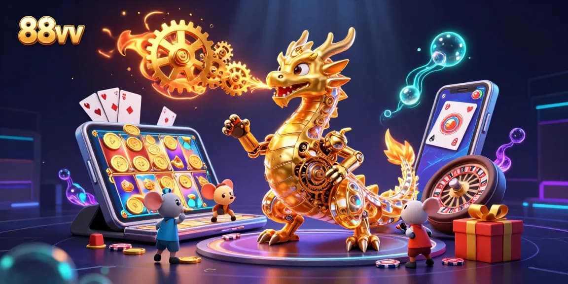 Experience thrilling gameplay with 88vv featuring a golden dragon amidst vibrant slot game elements.