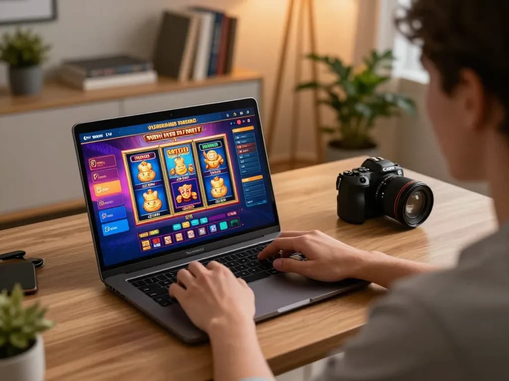 Player engaged in online slots at home showcasing hidobasketgoztepe excitement and colorful graphics