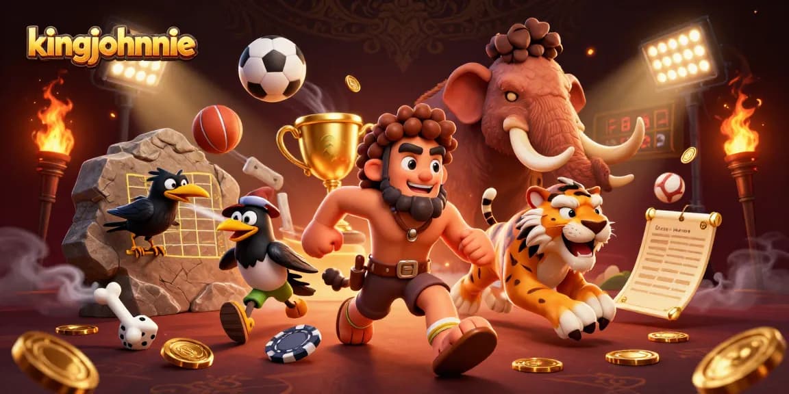 Experience thrilling action with kingjohnnie in a vibrant prehistoric casino scene.