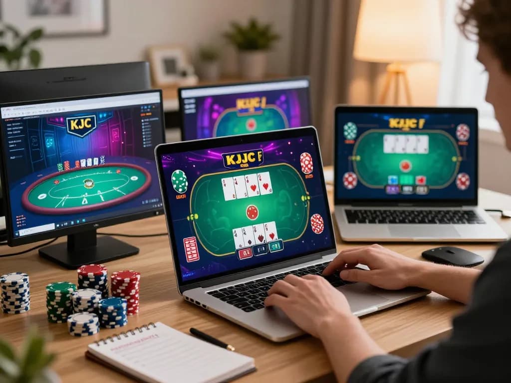 KJC online gambler strategizing on laptop during an engaging poker game