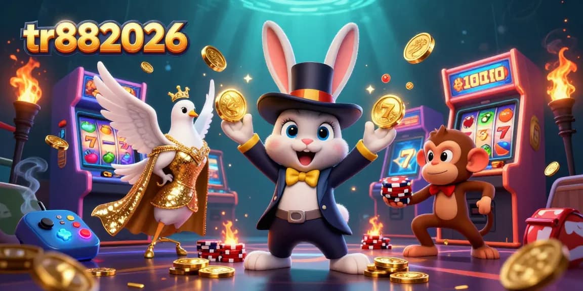 Experience the thrill of tr882026 with vibrant casino-themed characters and gold coins in motion.