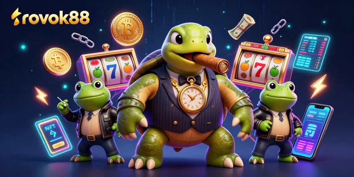 Experience the excitement of rokok88 with a 3D scene featuring a massive turtle mobster amidst vibrant casino elements.