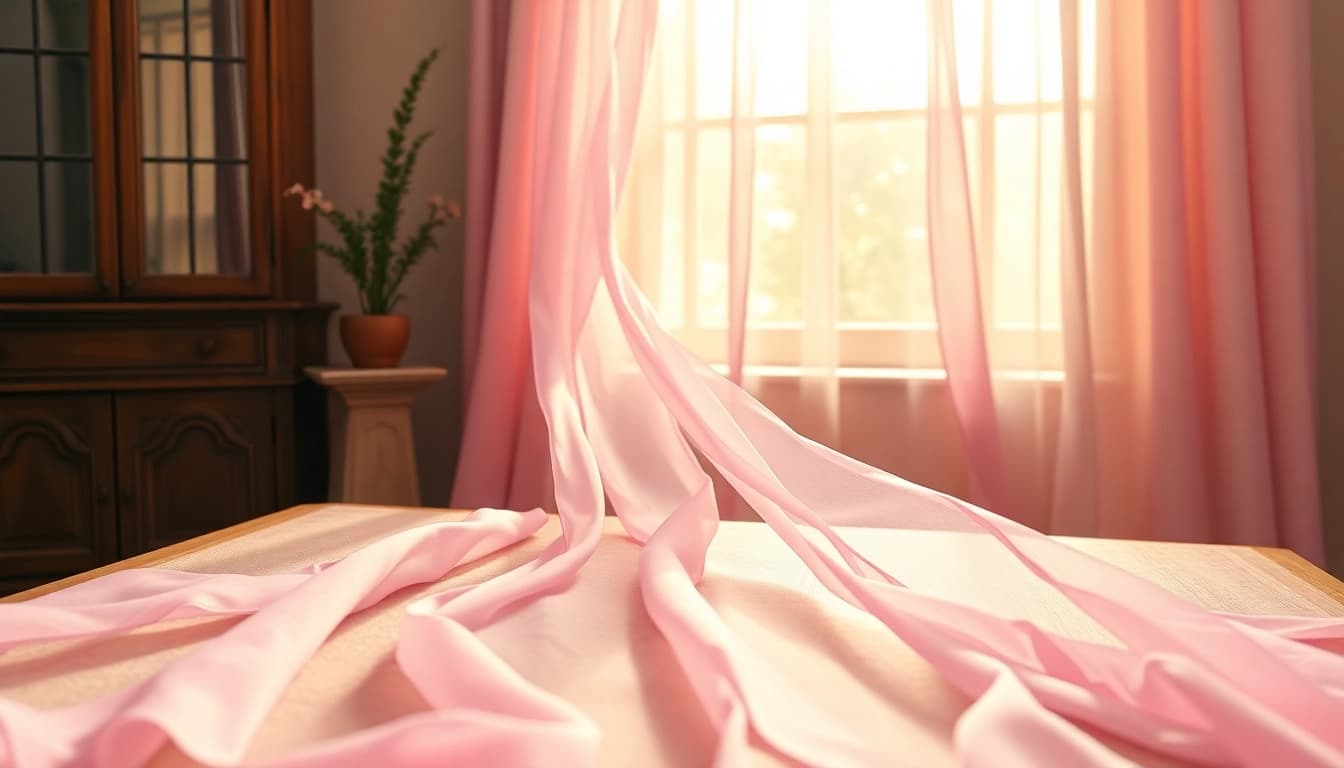 Chiffon stof prachtig gedrapeerd over een houten tafel in een zonnige kamer.