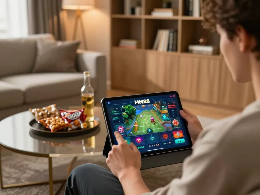 MM88 gamer engaging with a tablet app in a cozy living room for responsible gaming.