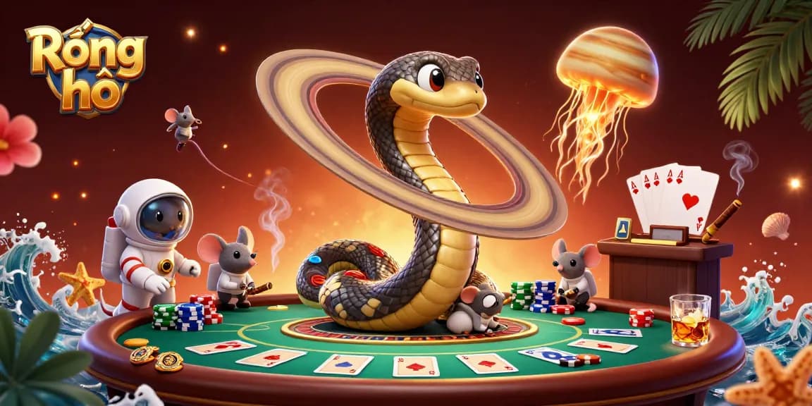 Engage in Rồng hổ betting excitement with vibrant casino elements and characters in a dynamic illustration.