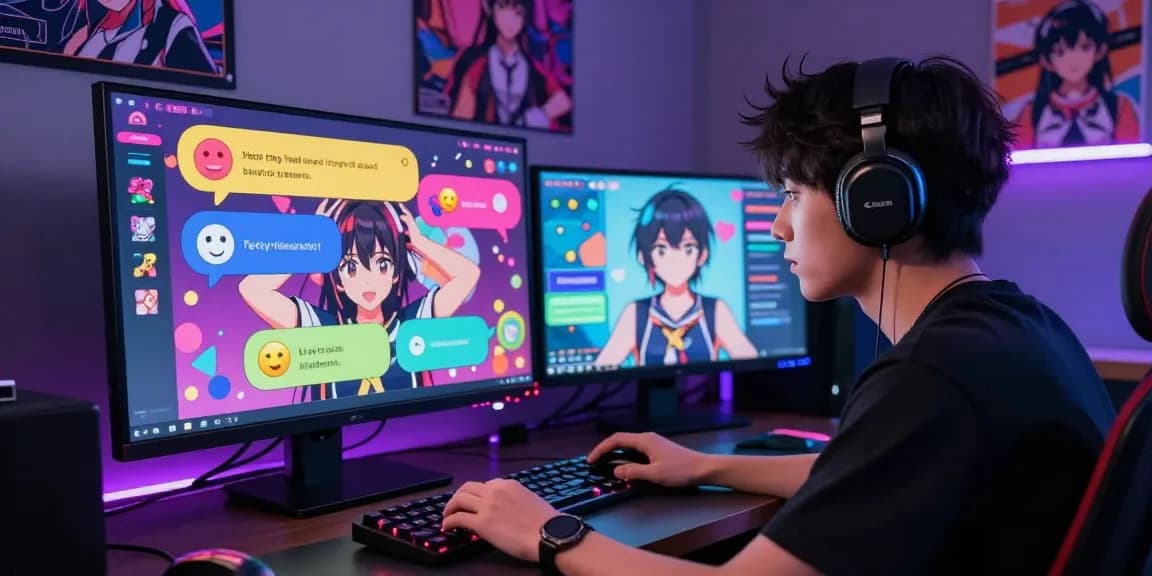 Engaging scene of a user chatting with a hentai chat AI character in a vibrant, interactive gaming setup.