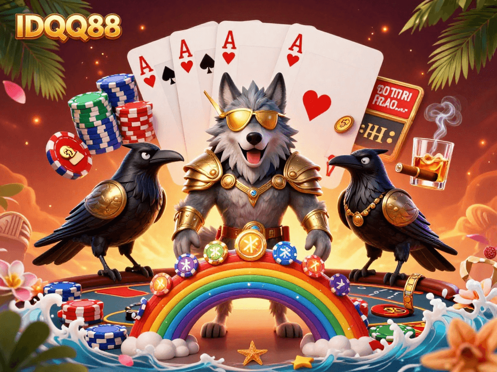 IDQQ88 offers an engaging scene with a Norse mythology-inspired wolf and colorful poker elements.
