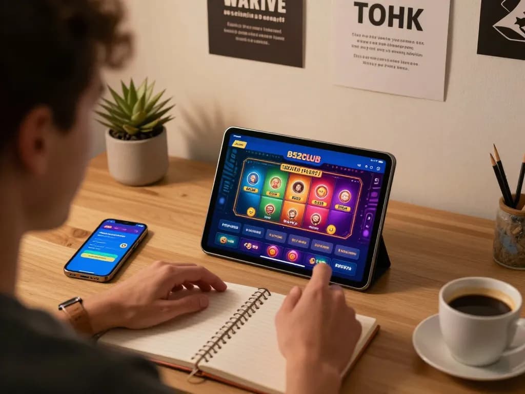 b52club player engaging with online casino app in cozy home office for immersive gaming experience