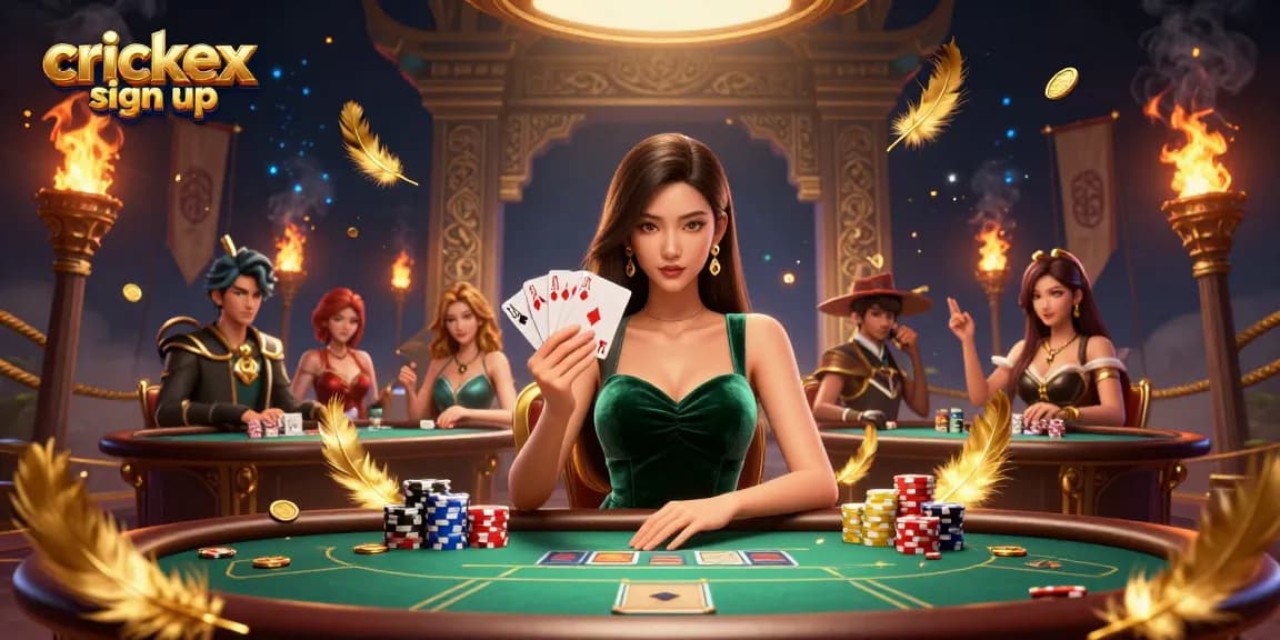 Engage in cricket betting with Crickex sign up at a dynamic poker table surrounded by golden tokens and vibrant energy.