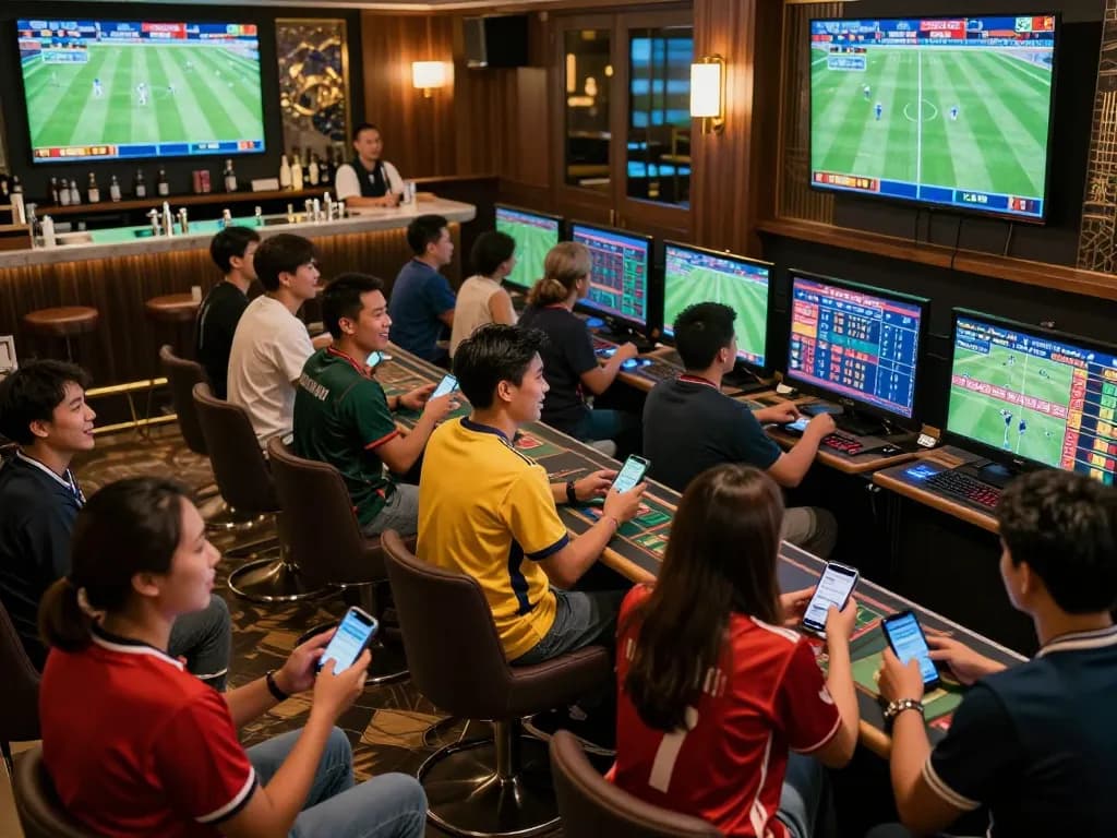 Excited sports fans placing bets and watching games at tylekeonhacai88 lounge, vibrant atmosphere