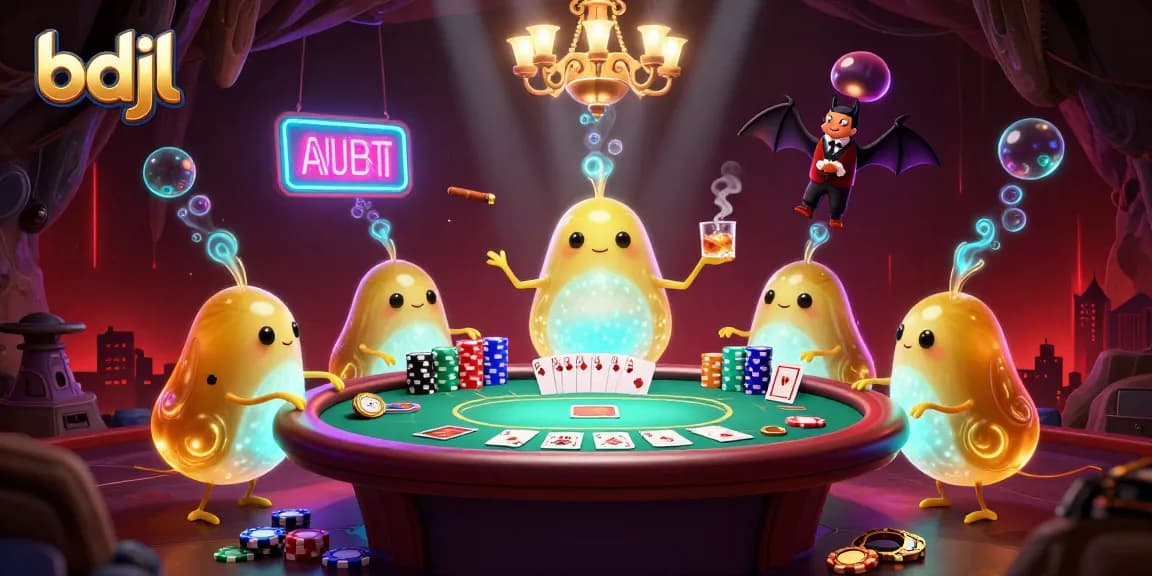 Experience the glow of bdjl casino with glowworms illuminating a vibrant poker game scene.