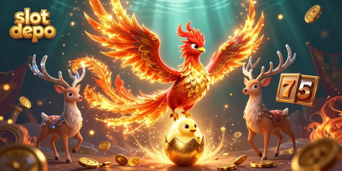 Experience the thrill of slot depo action with a vibrant 3D phoenix scene, showcasing excitement and fortune.