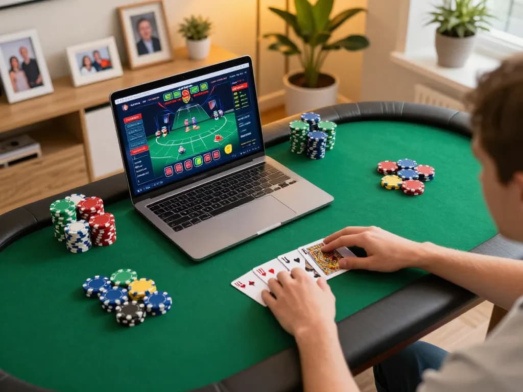 Player engaging in online poker game with fabet interface displayed on laptop, enhancing strategic gameplay atmosphere