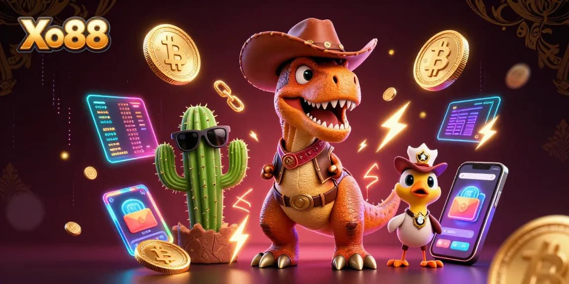 Xo88: Join the adventure with a T-Rex, cactus, and roadrunner in a vibrant casino scene.