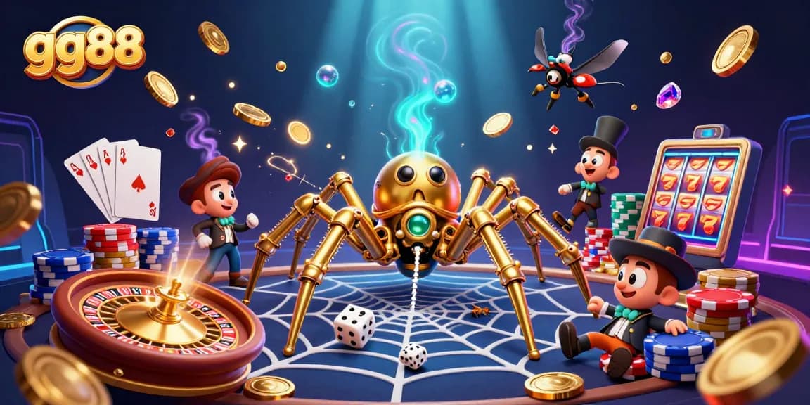 Spin the roulette and win big with gg88, showcasing a steampunk spider and golden gaming elements.