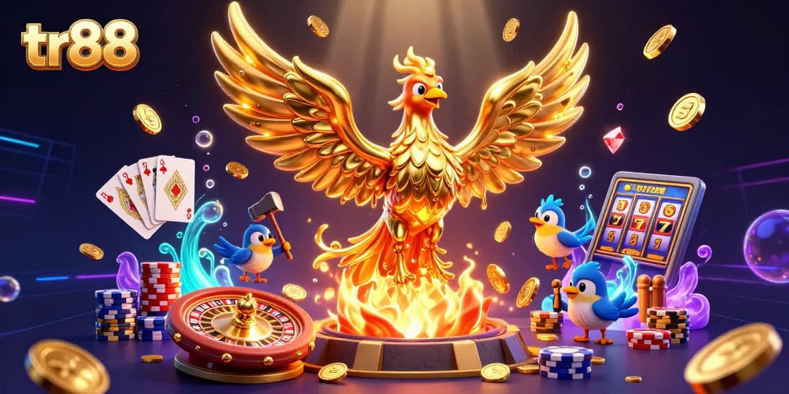 Experience tr88's thrilling moments with phoenix and gold coins amidst casino glamour.
